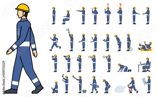 フラットイラスト：作業員サイドセットアウトライン
