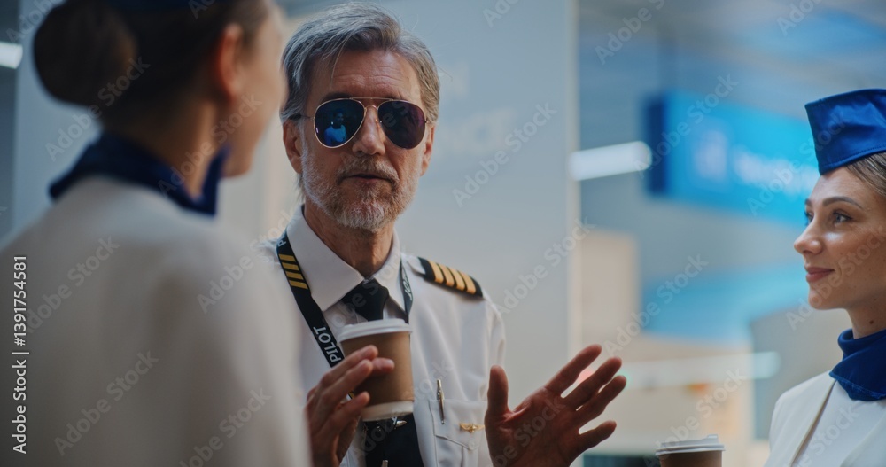Airline Captain in Glasses Talks to Two Beautiful Stewardesses in Uniforms, Drinks Coffee, Waits for Commercial Flight. Flight Crew in Crowded International Airport Terminal. Close Up. Slow Motion Airline Captain in Glasses Talks to Two Beautiful Stewardesses in Uniforms, Drinks Coffee, Waits for Commercial Flight. Flight Crew in Crowded International Airport Terminal. Close Up. Slow Motion