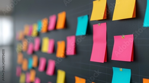 Colorful Sticky Notes on a Black Wall Used for Brainstorming and Project Management