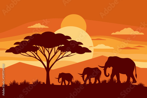 elephants in the sunset