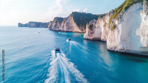 Boats cruise Nusa Penida cliffs; ocean view