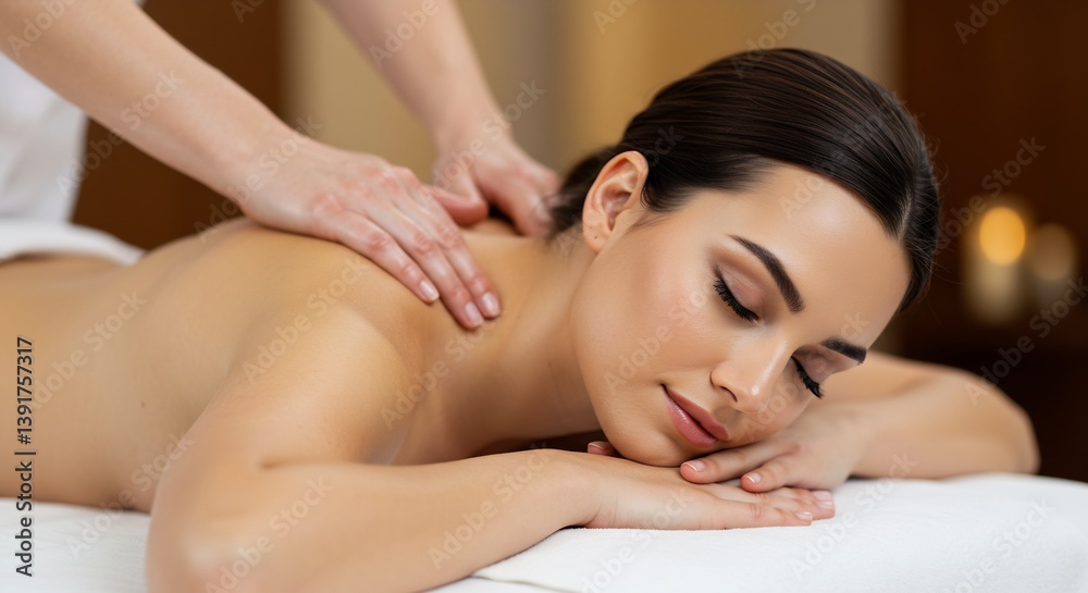 Relaxed Woman Receiving a Back Massage at a Luxury Spa, Wellness and Beauty Treatment Relaxed Woman Receiving a Back Massage at a Luxury Spa, Wellness and Beauty Treatment