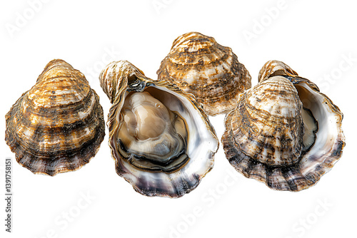  Beautiful natural oyster shells arranged in collection on transparent background, perfect for sustainable seafood marketing and ocean cuisine 