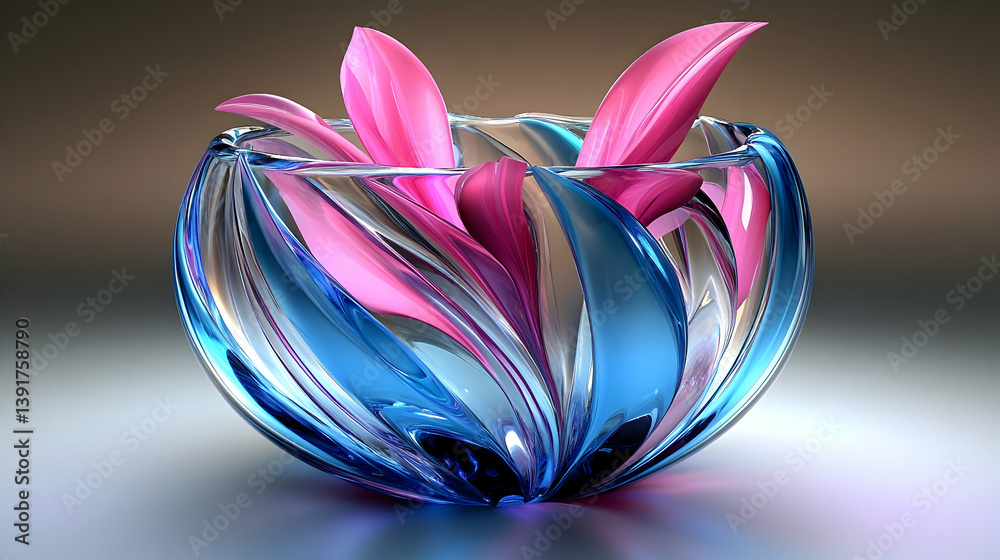 Fototapeta premium Pink flowers in blue glass bowl; studio shot