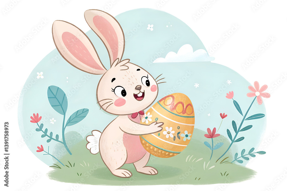 Fototapeta premium A cute Easter bunny with large ears holding a decorated egg in its paws, smiling sweetly. The bunny is styled in a joyful, playful pose with a soft pastel color palette, ideal for children’s content, 