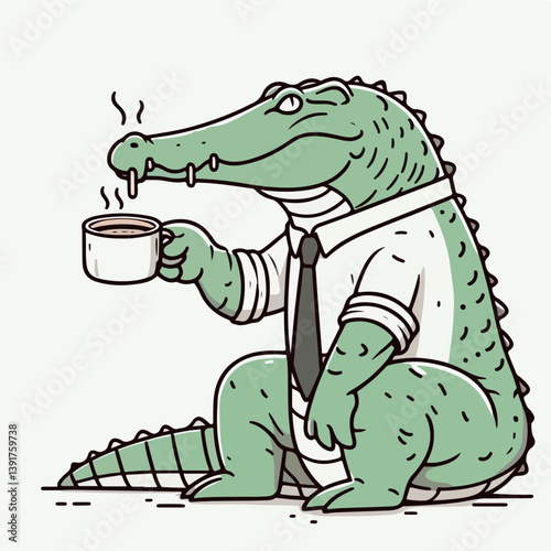 Alligator's Morning Ritual: An alligator, smartly dressed in a shirt and tie, takes a moment to savor a cup of hot coffee, embodying the humor in an office setting.