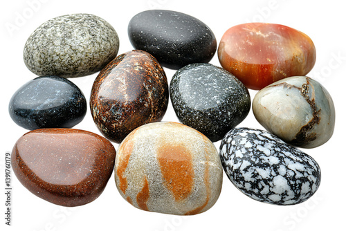  Natural river pebble assortment showing variety of shapes on transparent background, perfect for coastal home decor and beach-themed interior design 