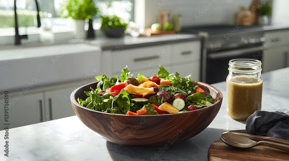 A bowl of salad with a jar of dressing on a counter A bowl of salad with a jar of dressing on a counter