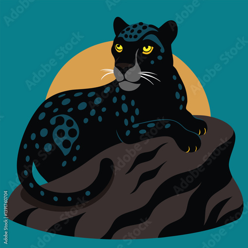 Black Jaguar Lying on Rock on Black Background
