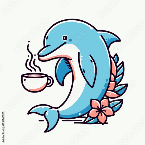 Dolphin Sipping Delight: A charming illustration of a playful dolphin, thoughtfully enjoying a warm cup of coffee. The scene is brought to life with delightful details.