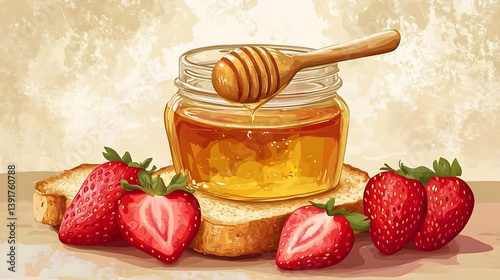 fresh strawberries breakfast with toast honey in glass jar illustration healthy morning meal homemade snack nutritious colorful food