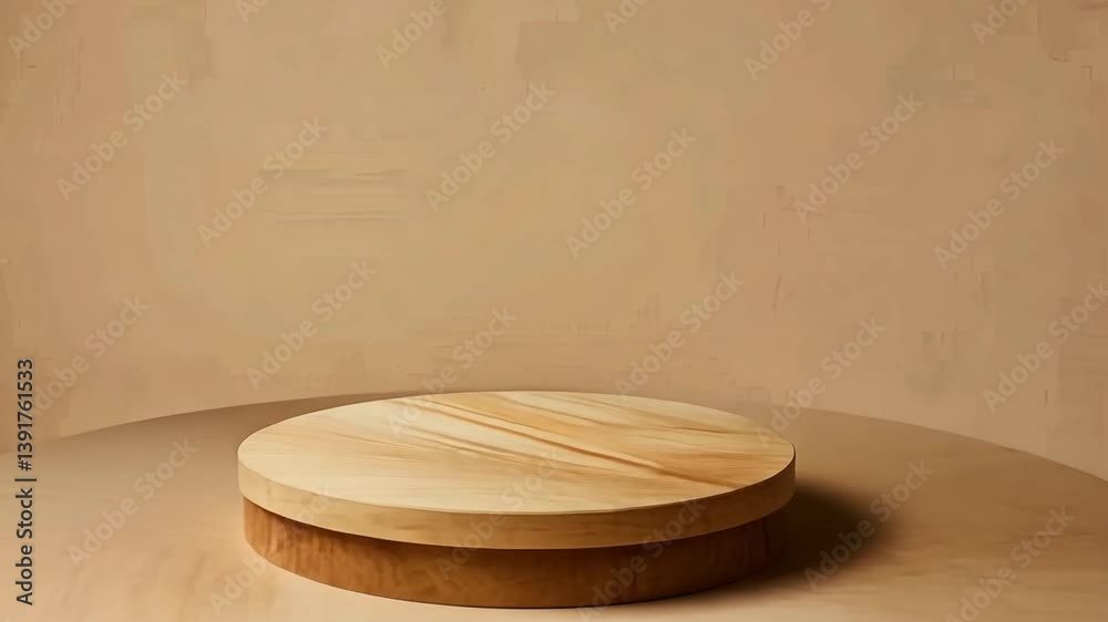 Smooth wooden display stand on minimalist surface showcases natural grain and texture, with warm tones creating serene atmosphere perfect for elegant product presentation.