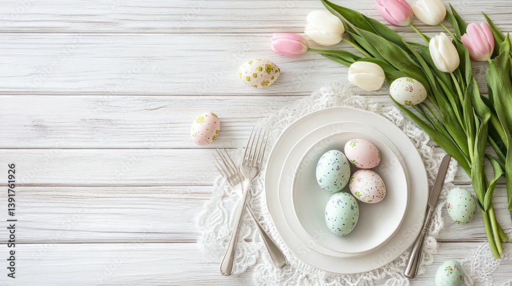 Easter table setting with tulips and decorated eggs Easter table setting with tulips and decorated eggs