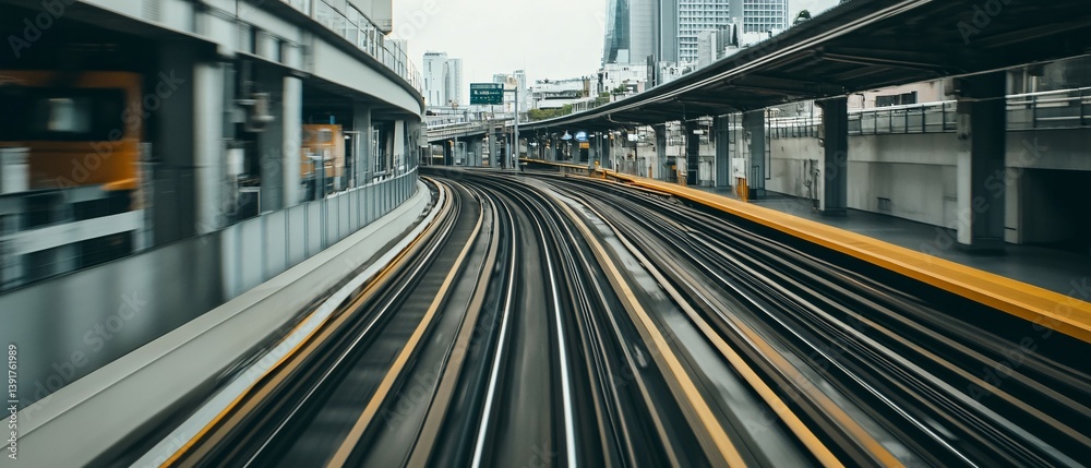 Obraz premium Elevated train tracks curve through a city with buildings on either side.