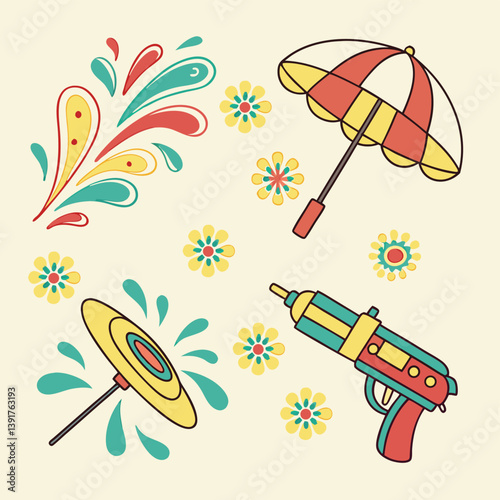 A colorful cartoon image with a water gun, a red and yellow umbrella, a yellow frisbee with water splashes, and scattered flowers on a beige background.