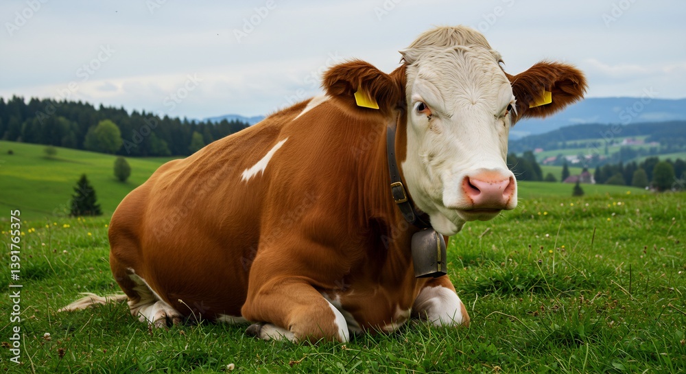 Relaxed Brown and White Cow with Bell Lying in Lush Green Alpine Pasture Relaxed Brown and White Cow with Bell Lying in Lush Green Alpine Pasture