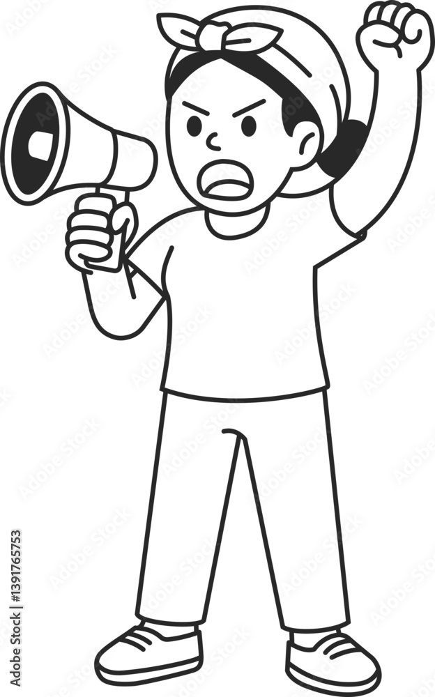 Angry woman shouting into megaphone and raising fist solid icon, vector. Angry woman shouting into megaphone and raising fist solid icon, vector.