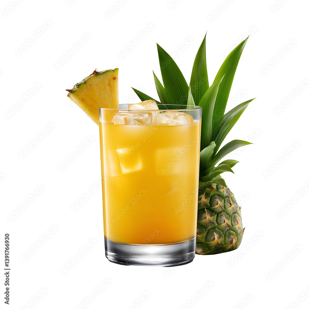 Refreshing Pineapple Drink with Ice Cubes and Slice on White or Transparent Refreshing Pineapple Drink with Ice Cubes and Slice on White or Transparent