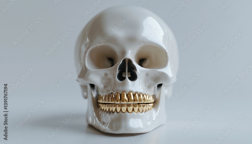Obraz premium Modern Memento Mori: A White Skull Adorned with Gleaming Gold Grills Close-Up