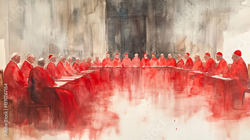 catholic conclave with red robed clergy in ceremonial hall, cardinals in formal religious assembly, abstract painting of papal election in grand cathedral architecture