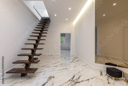 Modern Floating Staircase with Marble Flooring