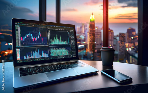 panoramic view of laptop and smartphone with charts of trading in stock market and digital cryptocurrency exchange 