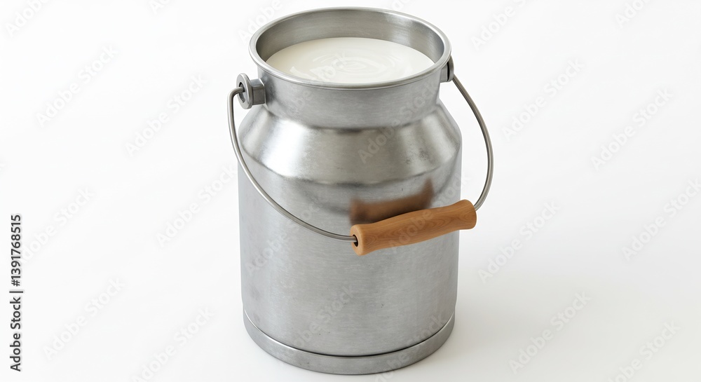 Full Milk Can, Metal Milk Churn, Fresh Dairy Product in Vintage Container, Rustic Milk Can with Wooden Handle Full Milk Can, Metal Milk Churn, Fresh Dairy Product in Vintage Container, Rustic Milk Can with Wooden Handle
