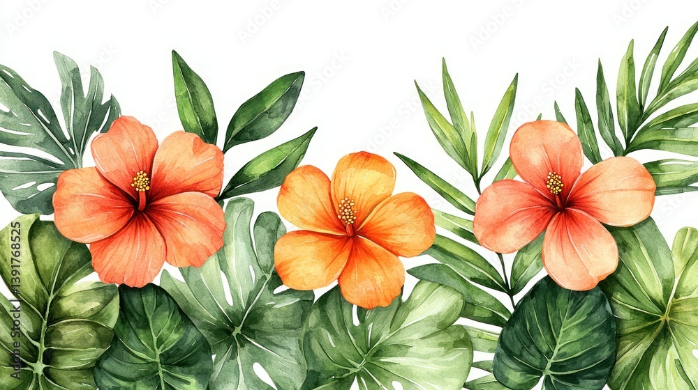 Naklejka premium Tropical flower and leaves border