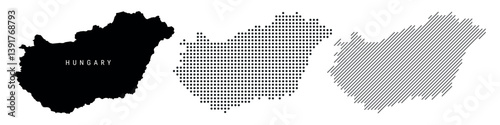 Hungary detailed silhouette map, dotted pattern and slanted parallel lines pattern. Hungarian textured stylized map. Vector illustration isolated on white.