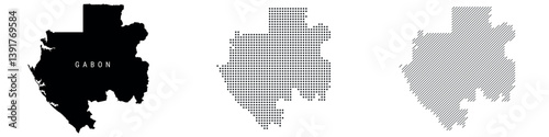 Gabon silhouette map and two patterns of dots and slanted lines. Flat vector illustration isolated on white