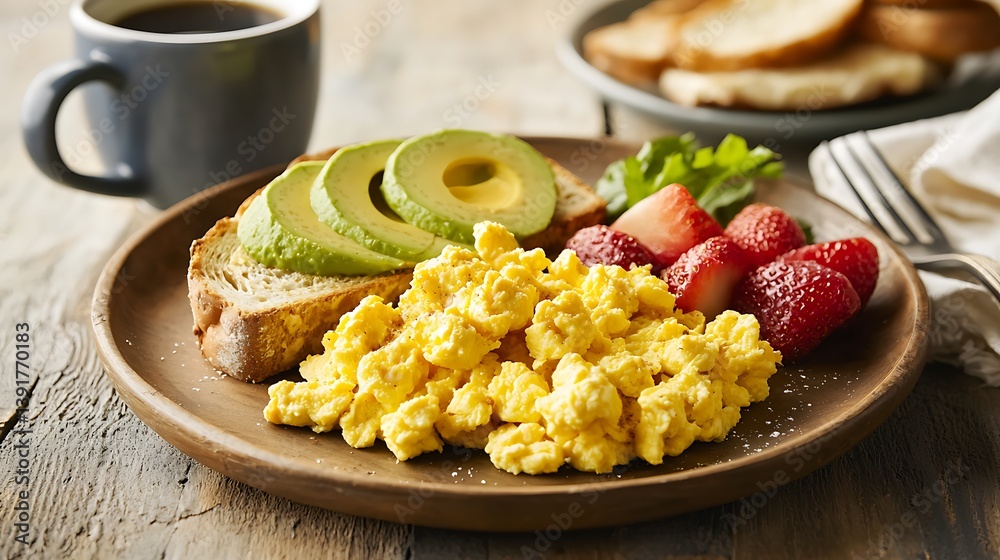 A plate of breakfast food with avocado, toast, and strawberries A plate of breakfast food with avocado, toast, and strawberries