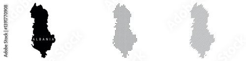 Albania silhouette map and two patterns of dots and slanted lines. Flat vector illustration isolated on white