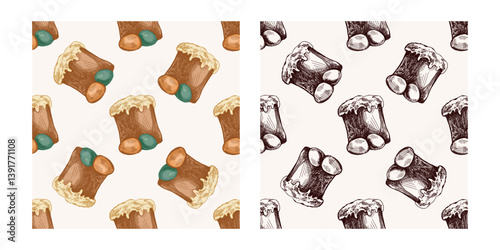 Hand drawn vintage colored and black seamless pattern of Easter cakes and eggs