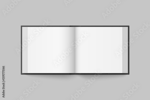Vector mockup of hardcover square book spread with black cover isolated. Realistic book, brochure or booklet template opened on white background. 3d illustration.