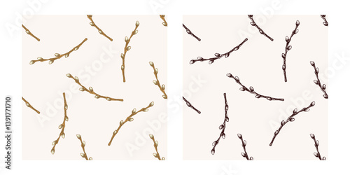 Hand drawn colored and black vintage seamless pattern of pussy willow branches for Easter