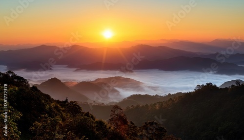Sunrise over Misty Mountainscapes, a Breathtaking View