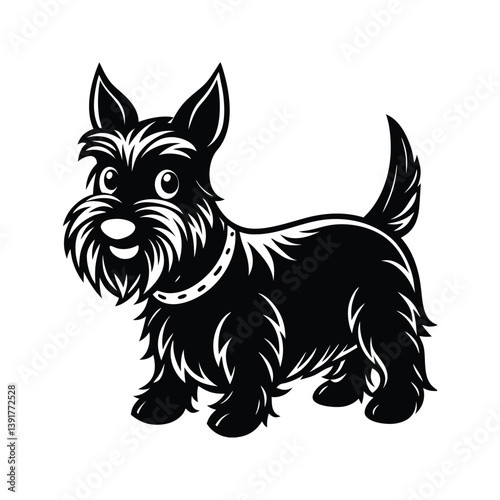 Cute black and white Scottish terrier puppy drawing silhouette isolated on white background