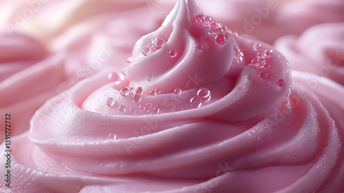 A close-up of creamy pink frosting adorned with glistening droplets, showcasing a delightful, sweet-themed dessert.