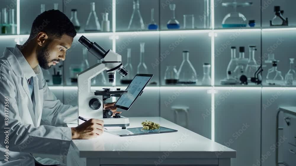 Scientist Analyzing Hemp Plant Under Microscope in Modern Laboratory – Clean Clinical Setting for CBD Research, Medical Cannabis, and Biotechnology Concept Footage Scientist Analyzing Hemp Plant Under Microscope in Modern Laboratory – Clean Clinical Setting for CBD Research, Medical Cannabis, and Biotechnology Concept Footage