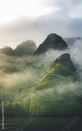 Misty green mountainsides with fog rising in the morning light
