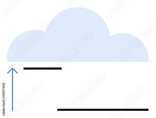 Cloud shape above blue upward arrow and horizontal black lines indicating data movement and connectivity. Ideal for cloud computing, data transfer, technology, communication, information flow