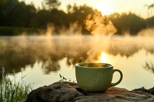 A tranquil sunrise scene with a steaming cup of green tea on a rock at the edge of a calm lake, the morning mist creating a mystical effect.