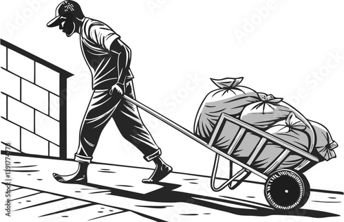 Desperate homeless man carries shopping cart with his belongings