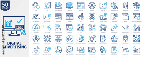 Digital Advertising Icon Set Outline duo tone Style with PPC, SEM, Social Media Ads, Display Ads, Native Ads, Retargeting, Video Ads, Programmatic Ads, Influencer Ads and Ad Campaign
