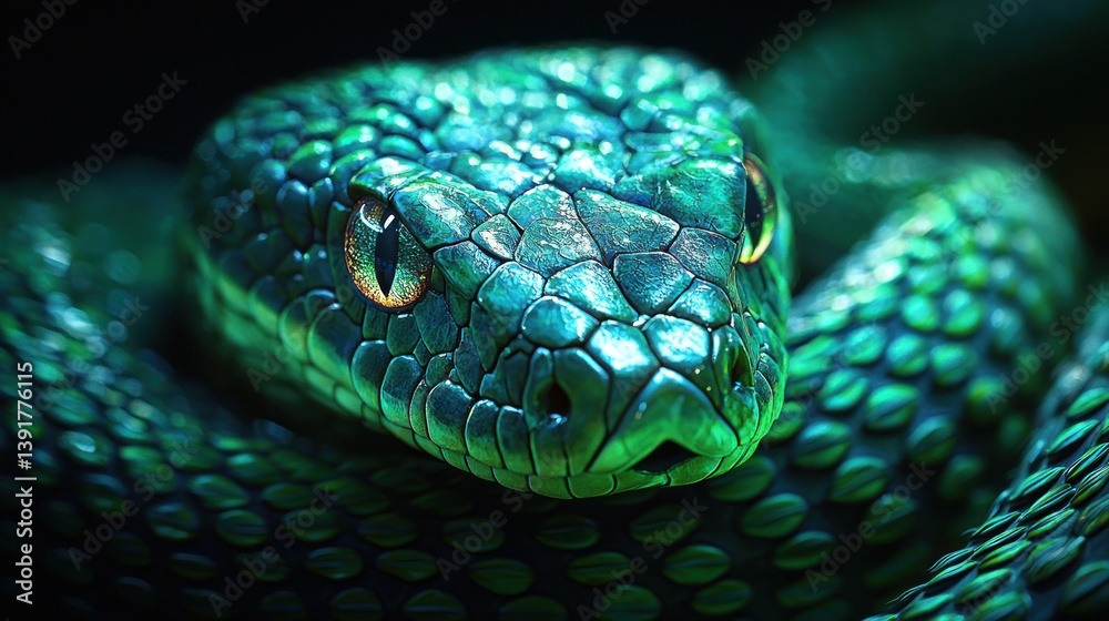 Fototapeta premium Close-up of vibrant emerald snake
