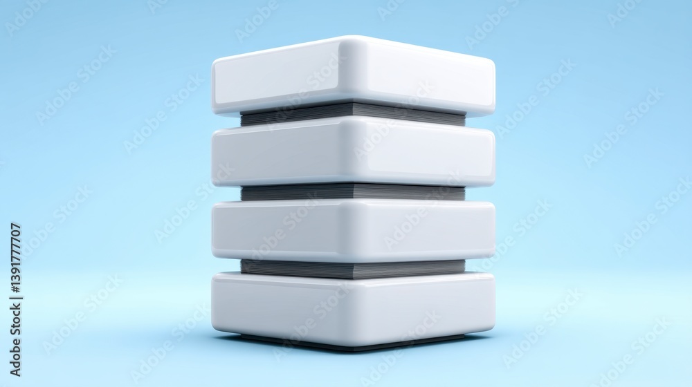 Geometric White Block Tower with Mesh Spacers on Soft Blue Gradient Background Geometric White Block Tower with Mesh Spacers on Soft Blue Gradient Background