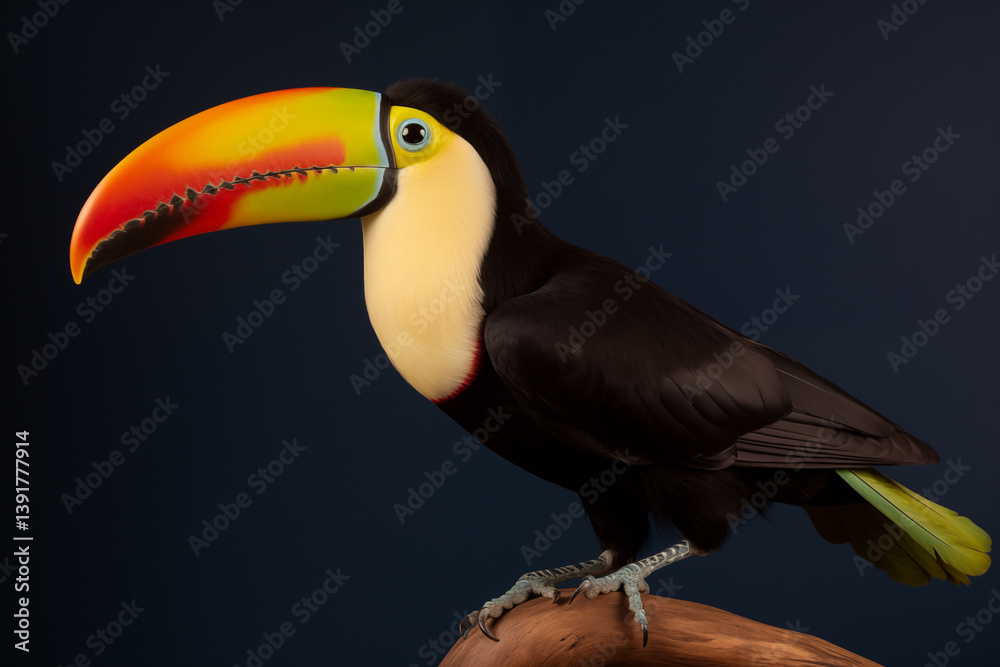 Fototapeta premium Tropical Toucan on Tree Limb – Iconic Bird with Vibrant Beak in Rainforest Setting
