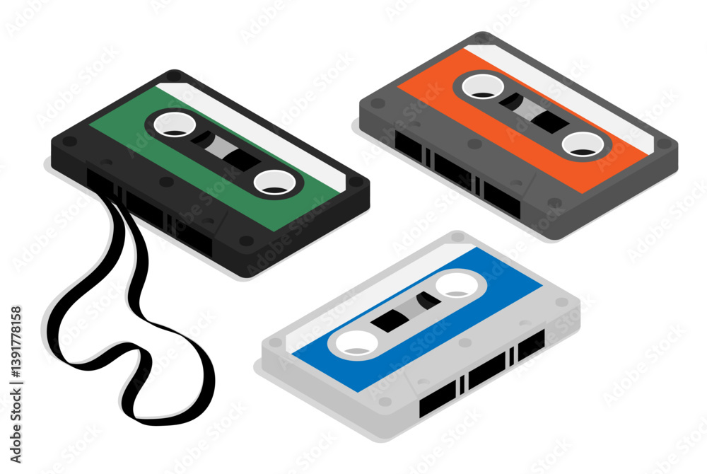 Fototapeta premium Isometric set of old technology magnetic tape audio cassette. Device for recording audio files and music onto magnetic tape. Realistic 3D vector concept isolated on white background