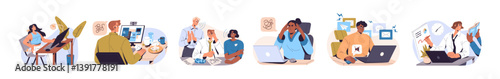 Concept set of focused people. Concentrated office workers don't pay attention to distractions. Employees work, ignore disturbing and annoying around. Flat isolated vector illustrations on white