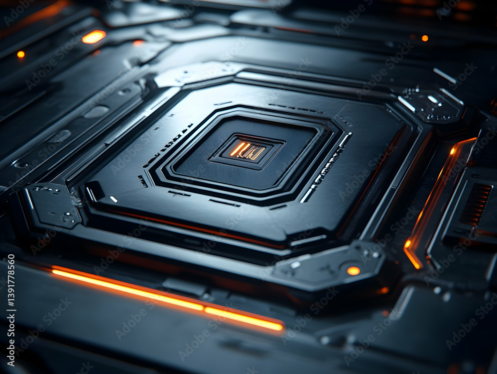 Fototapeta premium Futuristic tech panel, glowing orange circuits